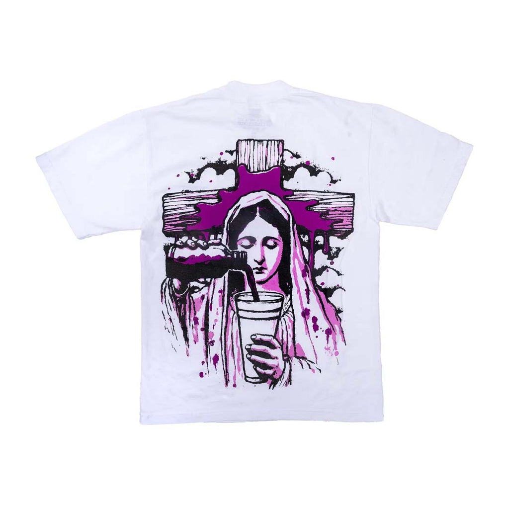 Awful Lot of Cough Syrup Rosary Mary Spell Out White Tee
